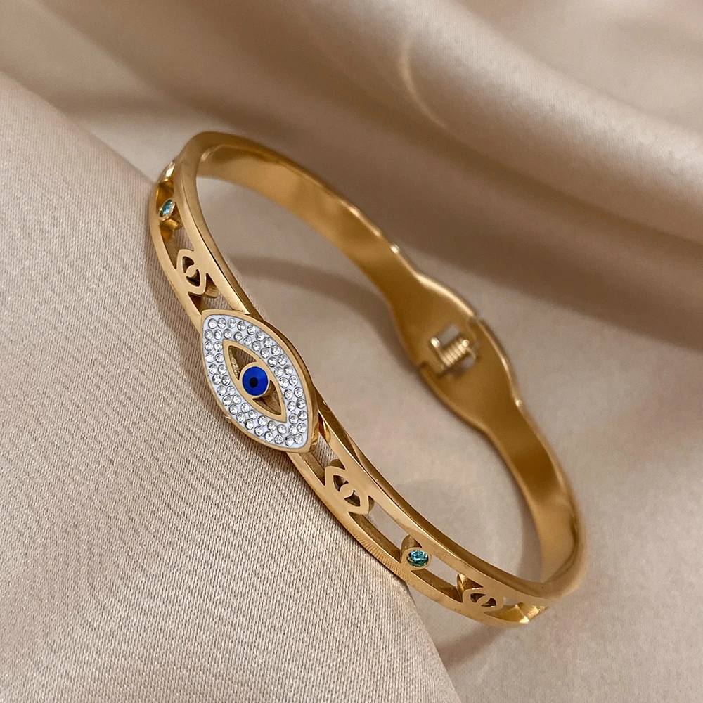 Stal bransoletki ze stali ze stali nierdzewnej z luksusowymi kryształkami dla kobiet 18K pozłacane Evil Eye bransoletka wodoodporna biżuteria prezenty — zdjęcie 4