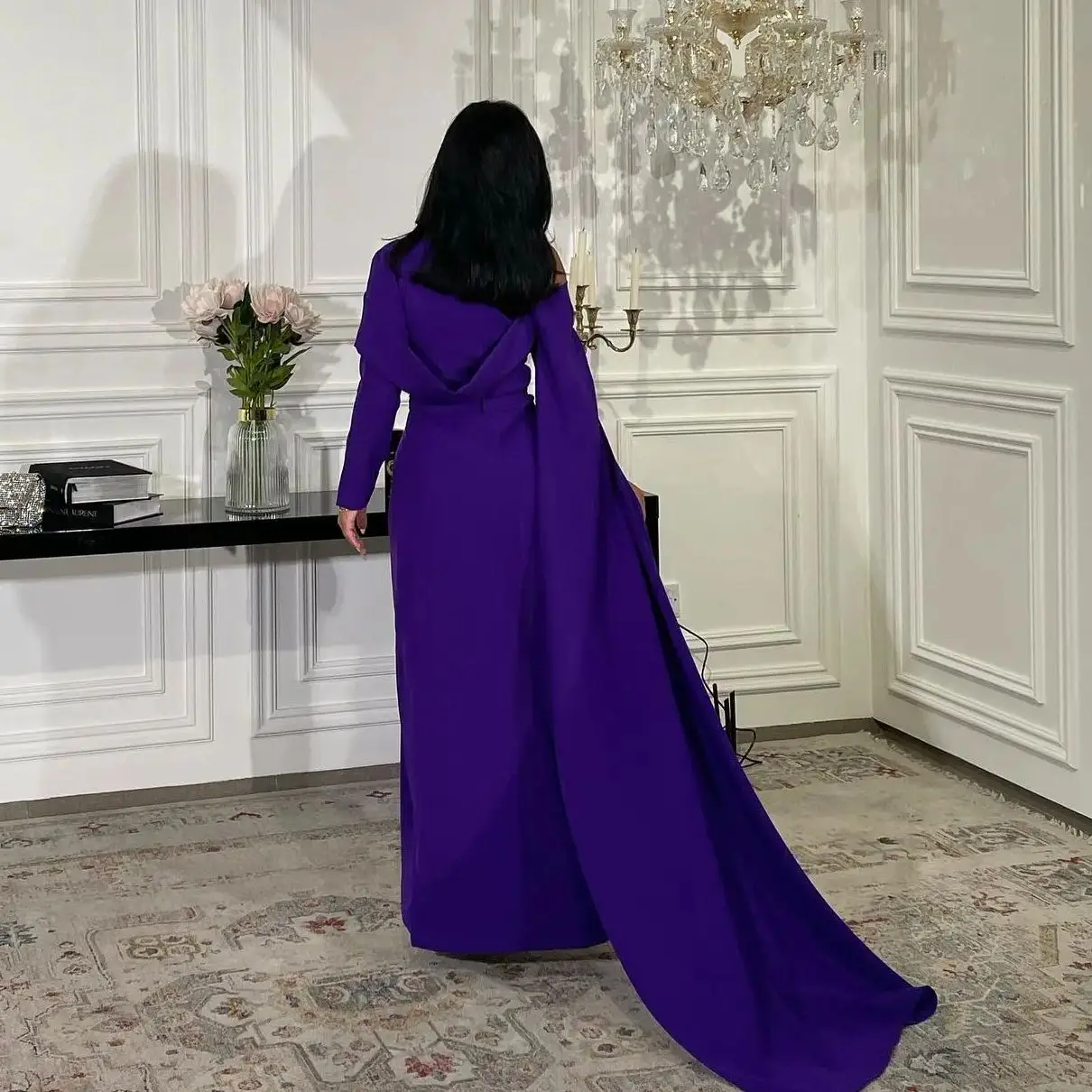 Aenyrst Elegant customizd Purple Prom Dress Women Pleated Long Sleeve Party Evening Dresses Ankle Length Special Occasion Gowns