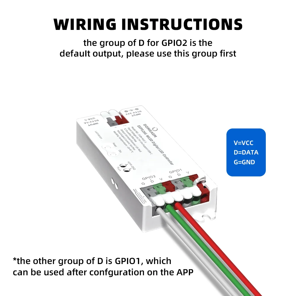 DOMRAEM ESP8266 WLED USB-C Adressierbarer LED-Controller unterstützt WS2811/12/12B/13/14/05 digitale Streifen usw. Spannungswandler 16A Sicherung – Detail 4