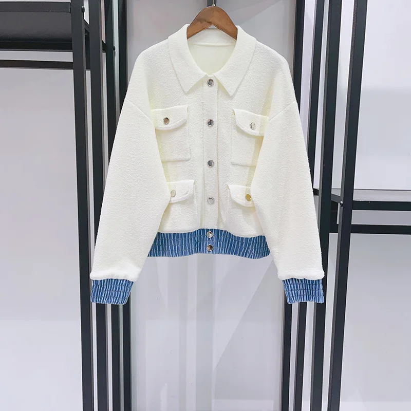 2026 Early Spring French Niche Multi-Pocket Polo Collar Patchwork Denim Hem Waist Cinched Metal Buckle Jacket Women