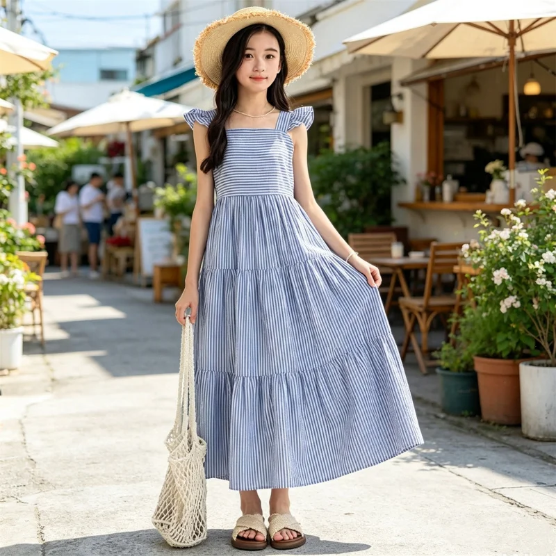 Girls' summer dress new fashion Korean style square neck long dress for children, summer holiday style suspender dress for littl