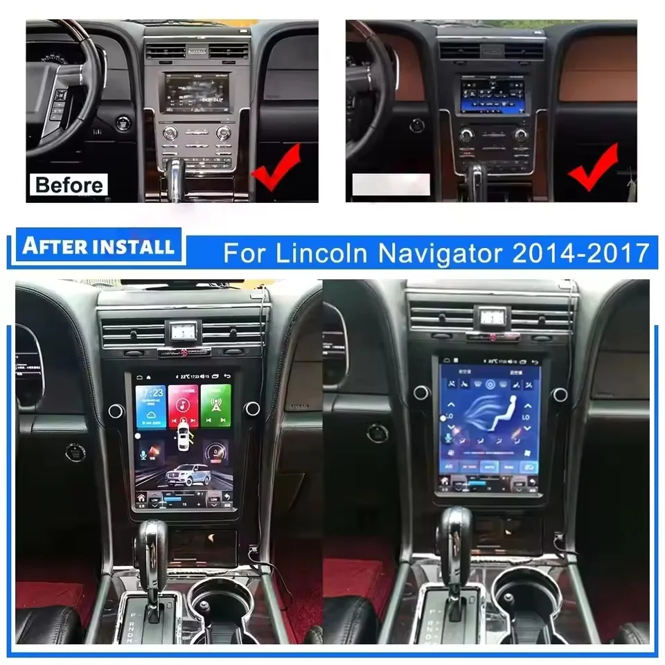 لينكولن نافيجيتور 2014-2017 Carplay 12.1 "شاشة LCD سيارة مشغل راديو الوسائط المتعددة أندرويد 14 نظام تحديد المواقع نافي وحدة رأس ستيريو السيارات