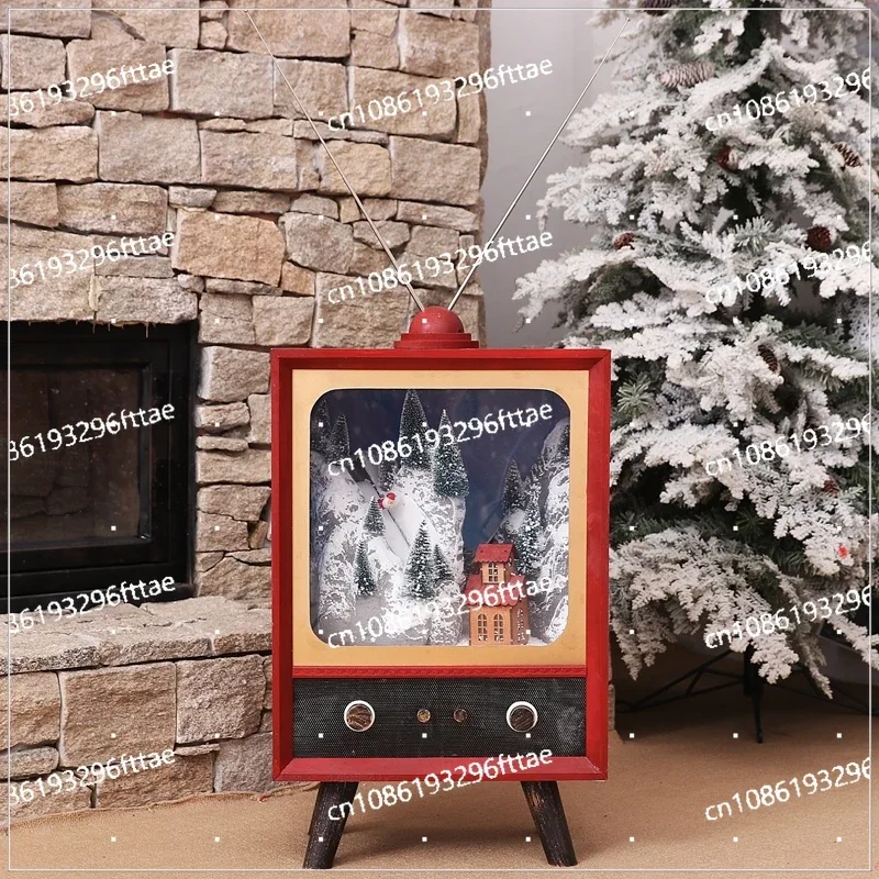 Retro Large TV Styling Ornament Santa Claus Skiing Micro-landscape Music Snow Ambient Lighting Decoration