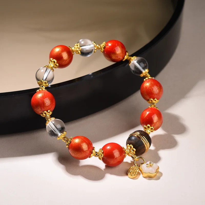 Original floating lacquer non-heritage large lacquer beads with natural white crystal bracelet strings sandalwood hand jewellery