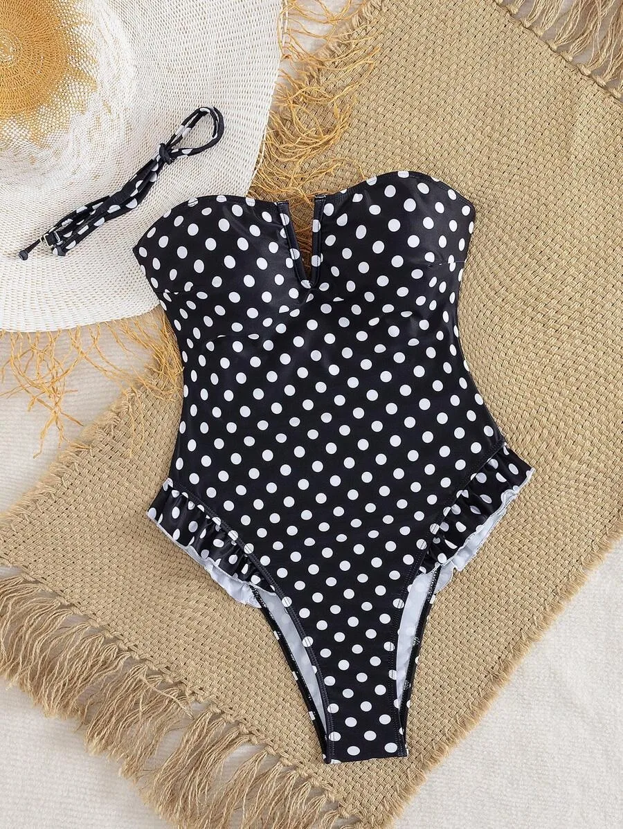 Women's Summer Romper Swimwear Sleeveless Off Shoulder Dot Print Bathing Suit Monokini Swimsuit Bikini