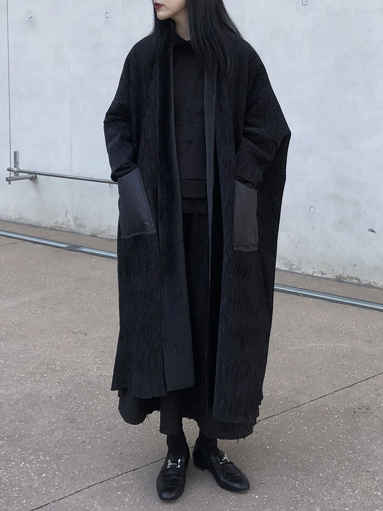 Land And Mountain Island Winter New Black Jacket Textured down Large Pocket Small Crowd Mid-Length Fleece-Lined Coat