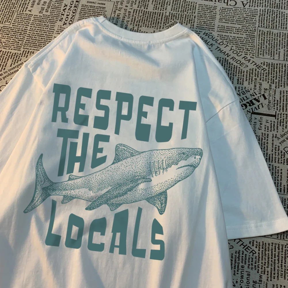 Respect The Locals Shark Printing Tshirt Oddychająca koszulka uliczna Wysokiej jakości koszulki Tee Clothes Letnie bawełniane topy dla par