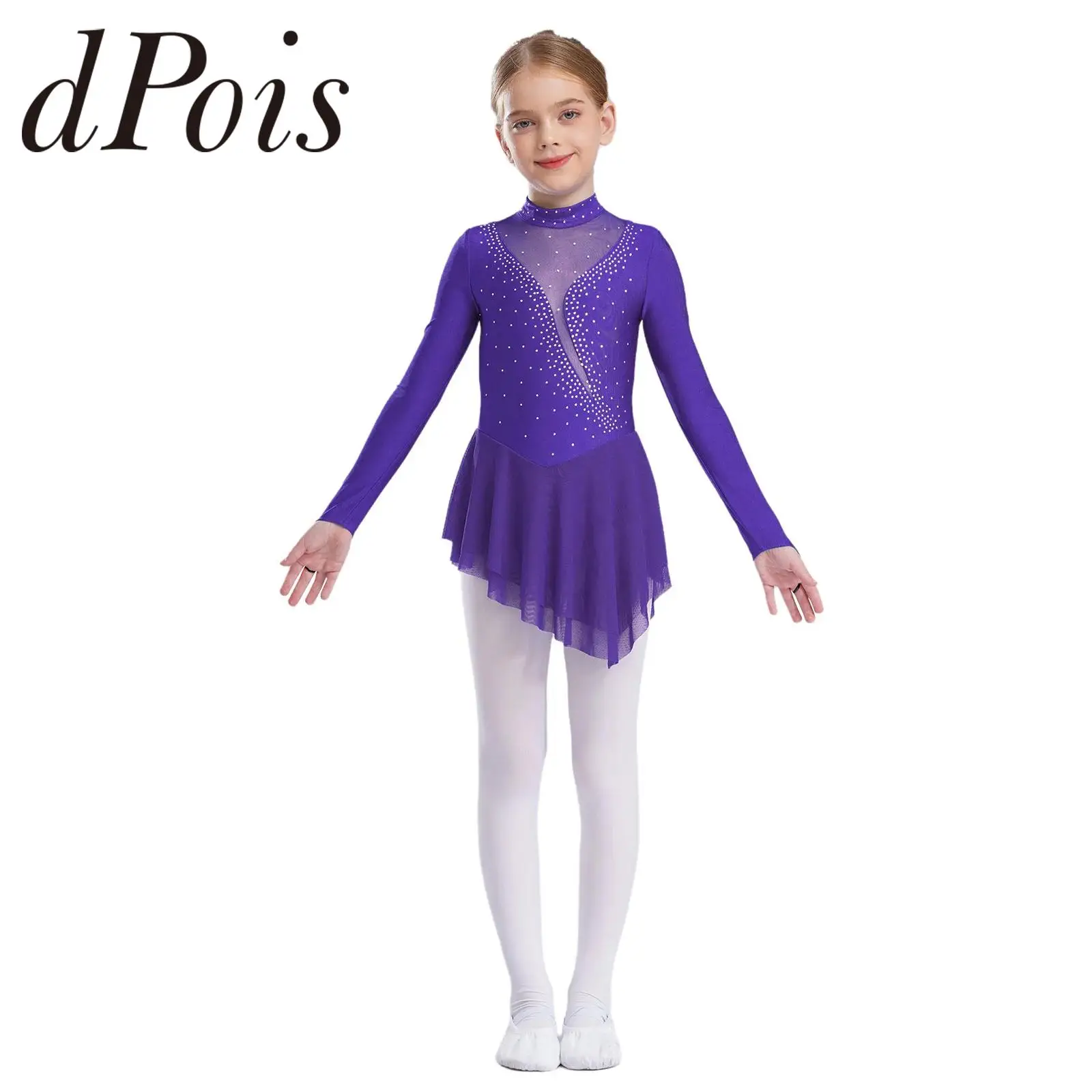 Girls Figure Ice Skating Ballet Dress Children Lyrical Dance Costume Stage Tutu Skirted Gymnastics Leotards Rhinestone Dancewear