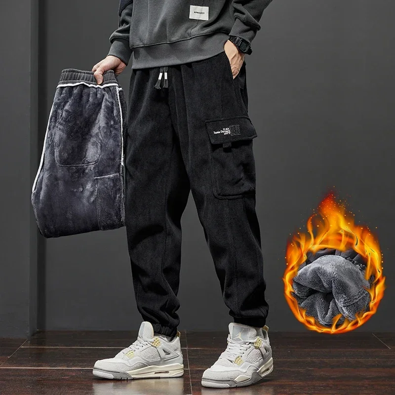 2024 Winter New Men\'s Fleece Corduroy Soft Cargo Harem Pants Thickened Warm Elastic Loose Street Jogging Sports Trousers Male