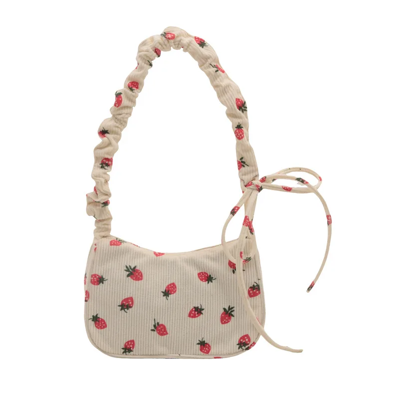 Women Small Underarm Bag Corduroy Handbag Cute Strawberry Print Little Tote Half Moon Design Eco Cloth Purse Mini Shoulder Bags