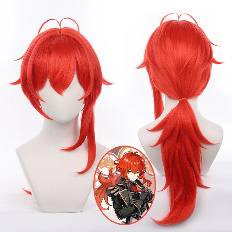 Genshin Impact Diluc Ragnvindr Cosplay Wig Red Ponytail Heat Resistant Synthetic Hair Festival Carnival Props Wigs