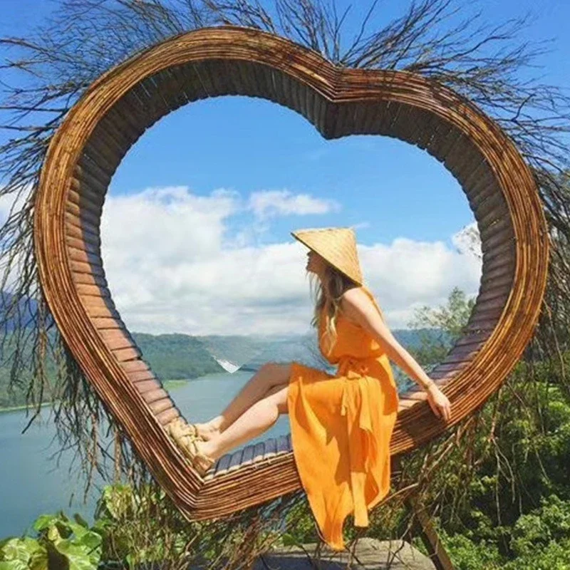 OBMBamboo Internet celebrity bird's nest swing outdoor heart-shaped recliner scenic spot photo hanging rattan bird cage bed
