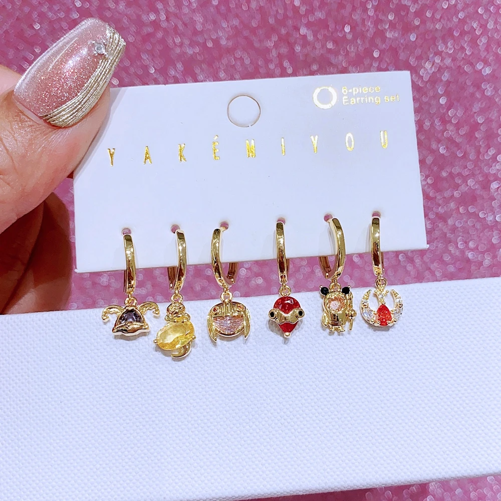 MIGGA 6pcs Mix and Match Movie Outer Space Man Dangle Earrings Set Gold Plated Cubic Zircon Woman Jewelry