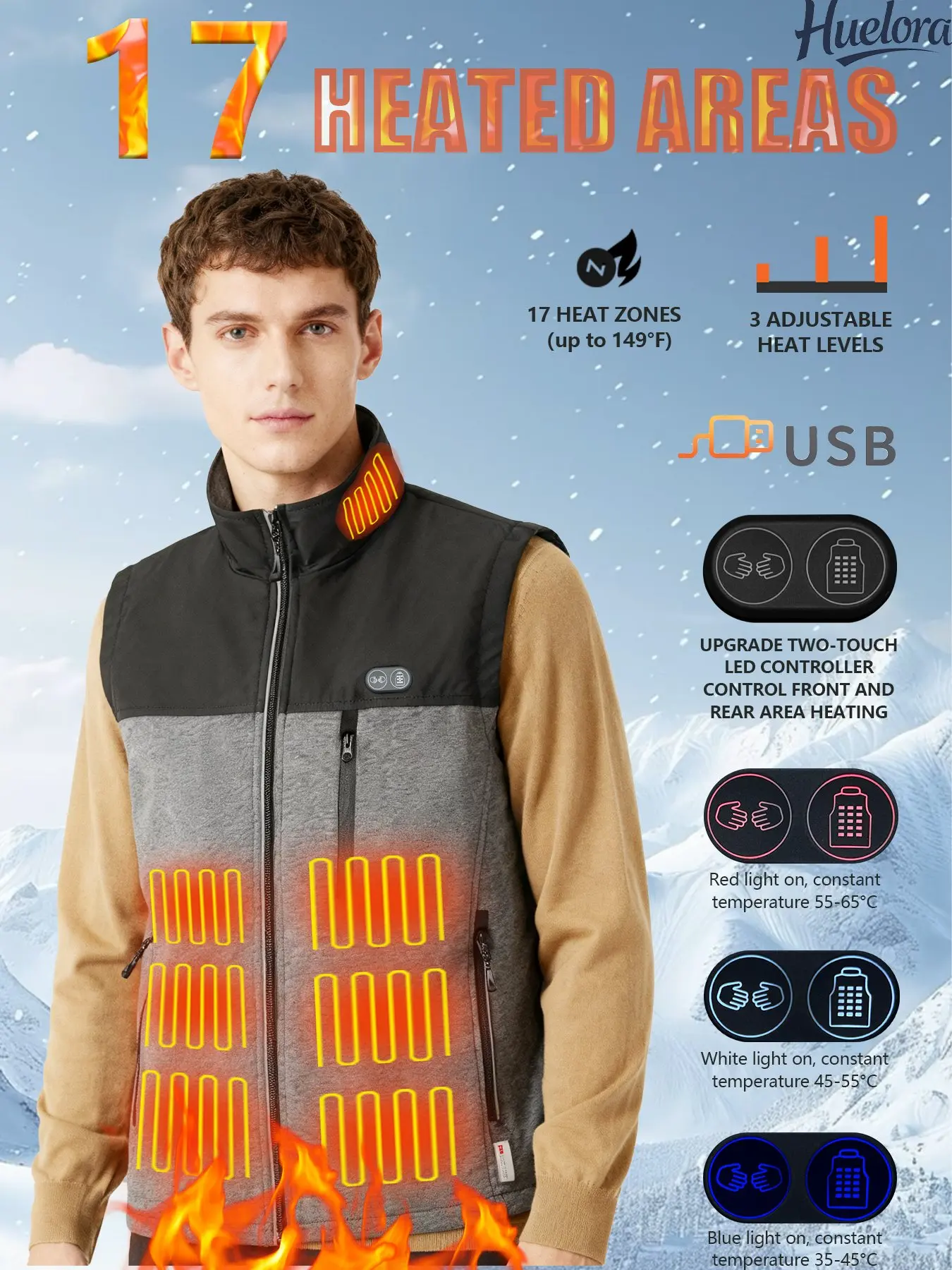Men Women 17 Areas Heated Vest USB Charging Heated Jacket Washed Keep Warm Hiking Vest Winter Fishing Skiing Vest Heated Coats
