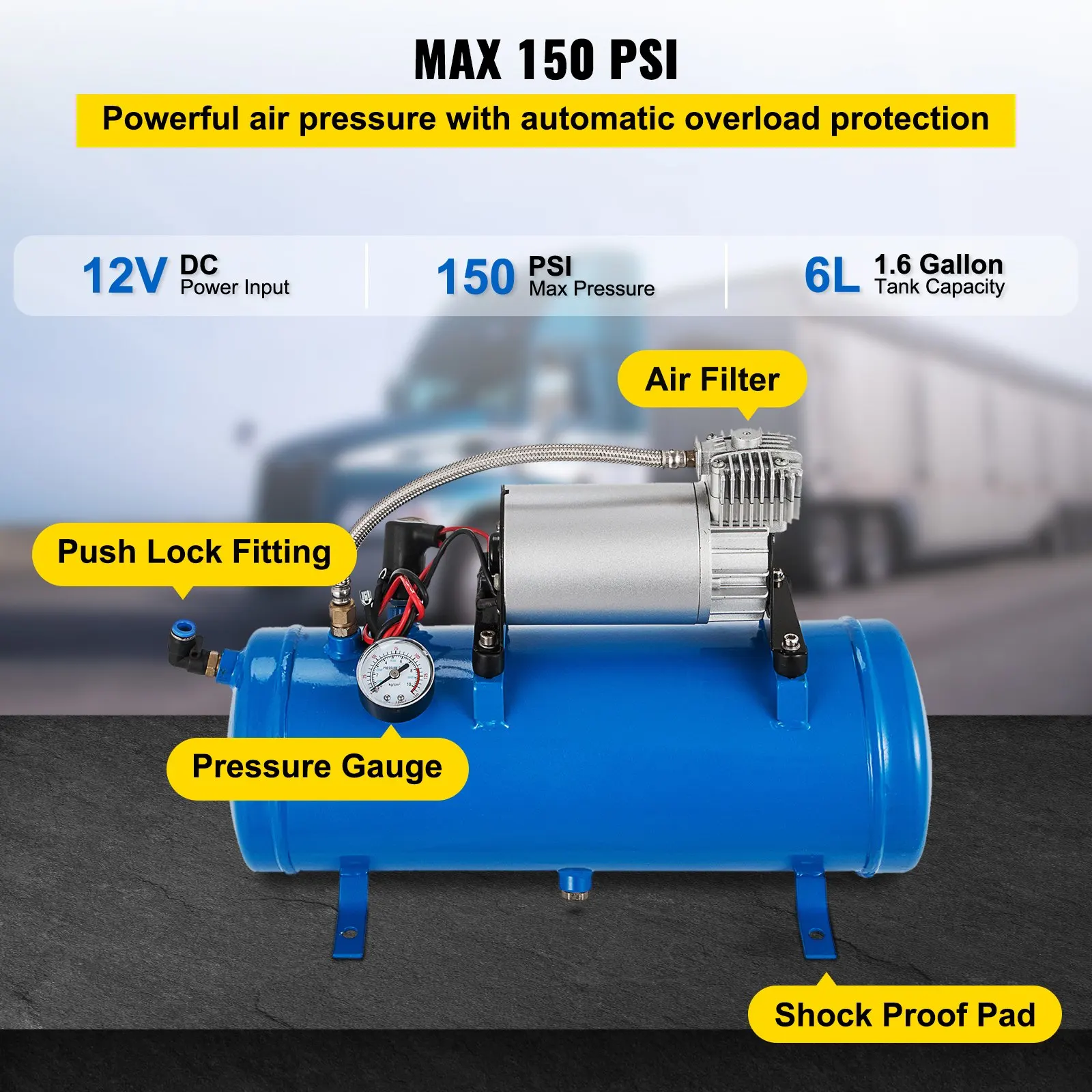 150 PSI 12V DC Onboard Air Horn Compressor System Kit Air Compressor For Truck Cars SUV Boat Tractor RV Off-Road Vehicle