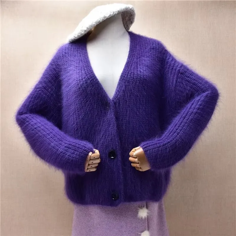 Ladies Women Fall Winter Thick Warm Hairy Angora Rabbit Fur Hand Knitted V-Neck Long Sleeves Loose Cardigans Sweater Jacket Pull