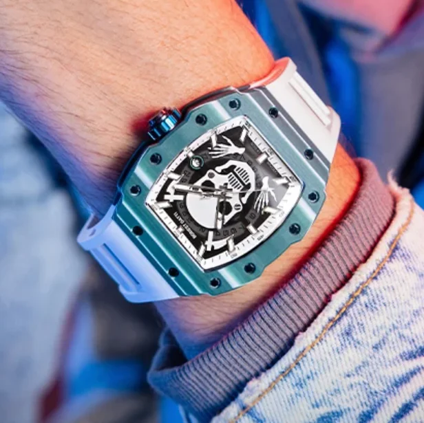 BONEST GATTI ساعة أوتوماتيكية للرجال 52 مللي متر Tonneau ساعة يد ميكانيكية من ألياف الكربون الياقوت مرآة مضيئة الهيكل العظمي الجمجمة الهاتفي