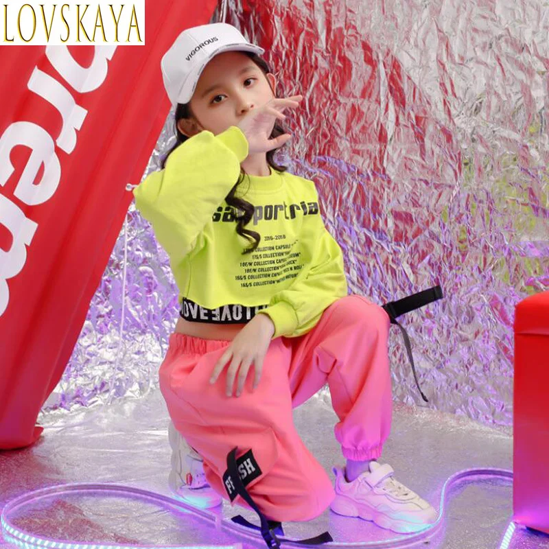 Children Hip Hop Clothing Green Sweatshirt Top Crop Casual Pants Girl Kids Jazz Dance Wear Costume Ballroom Dancing Clothes