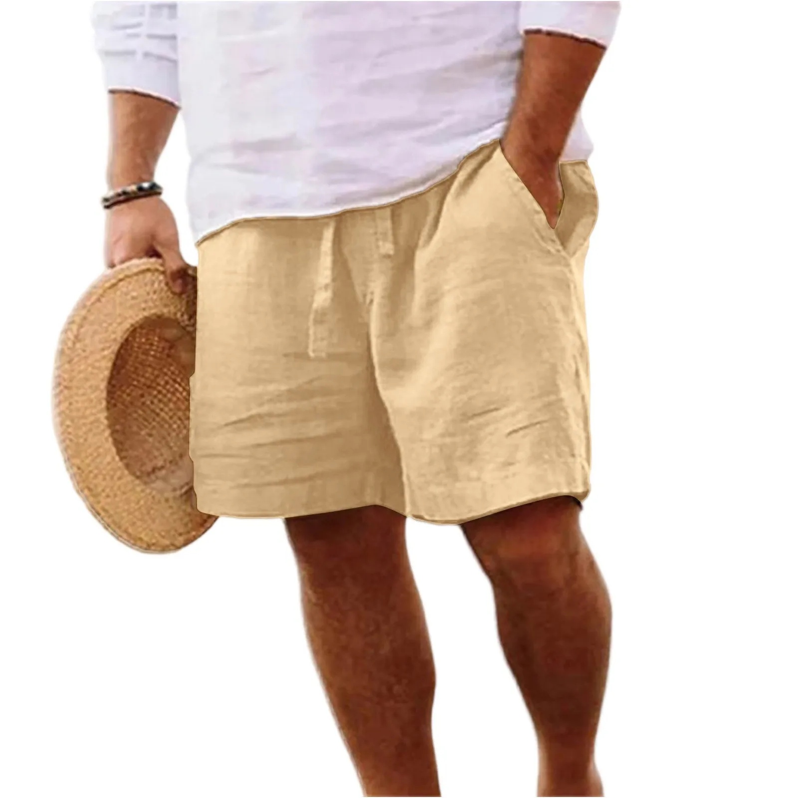 

Summer Mens Linen Solid Color Short Lightweight Gym Pants Cotton Beach Shorts Men Fitness Sport Large Breathable Homme Short