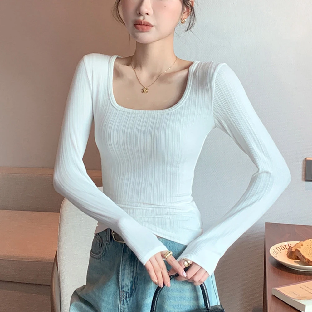

O Neck Full Sleeve Elastic Knit T Shirt Pullover Women Black Long Sleeve Female Blouses Top Slim Stretch Tee Shirts Girl Sweater