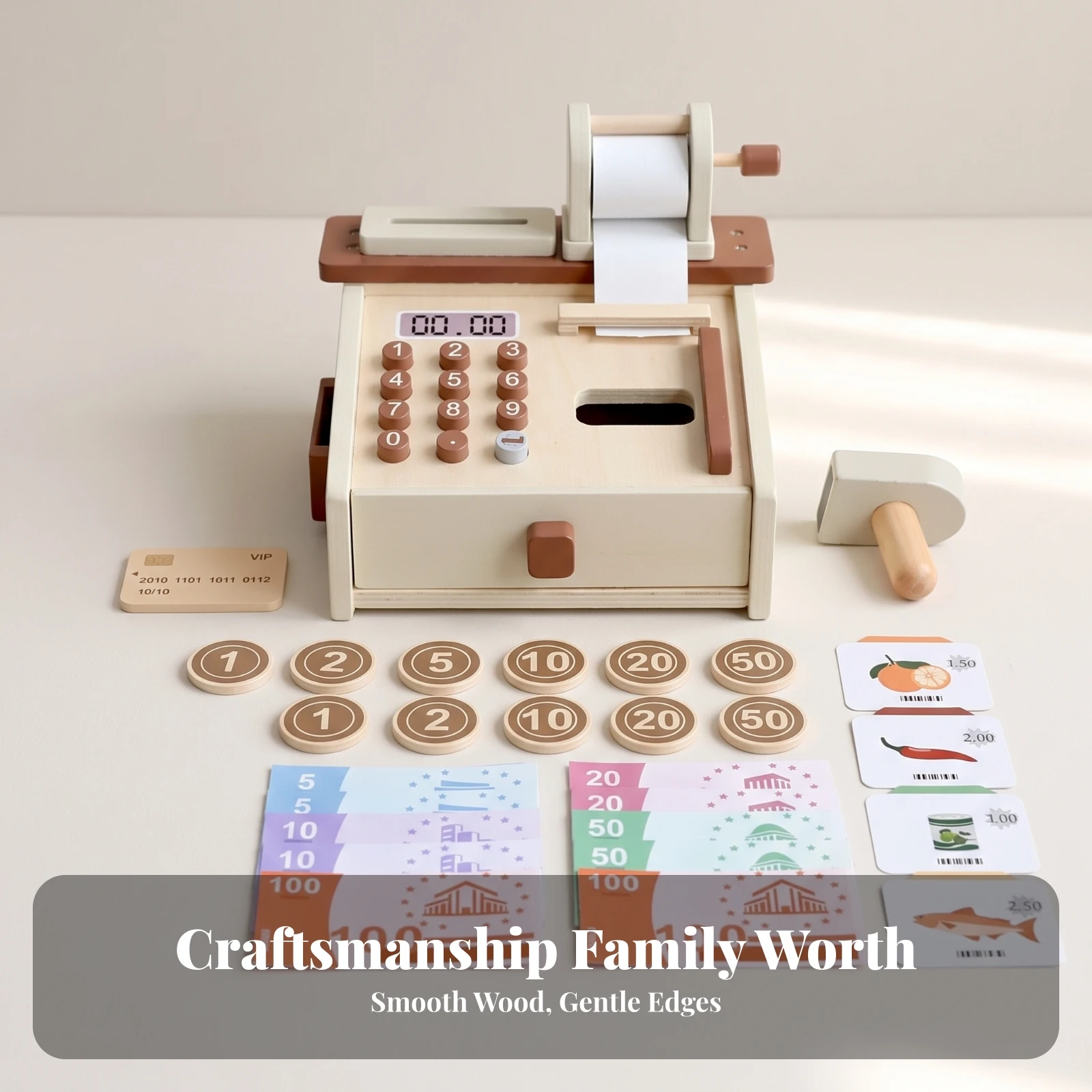 Wooden Toy Cash Register with Accessories Play Register Pretend Checkout Play Screen Free Role Play Educativo