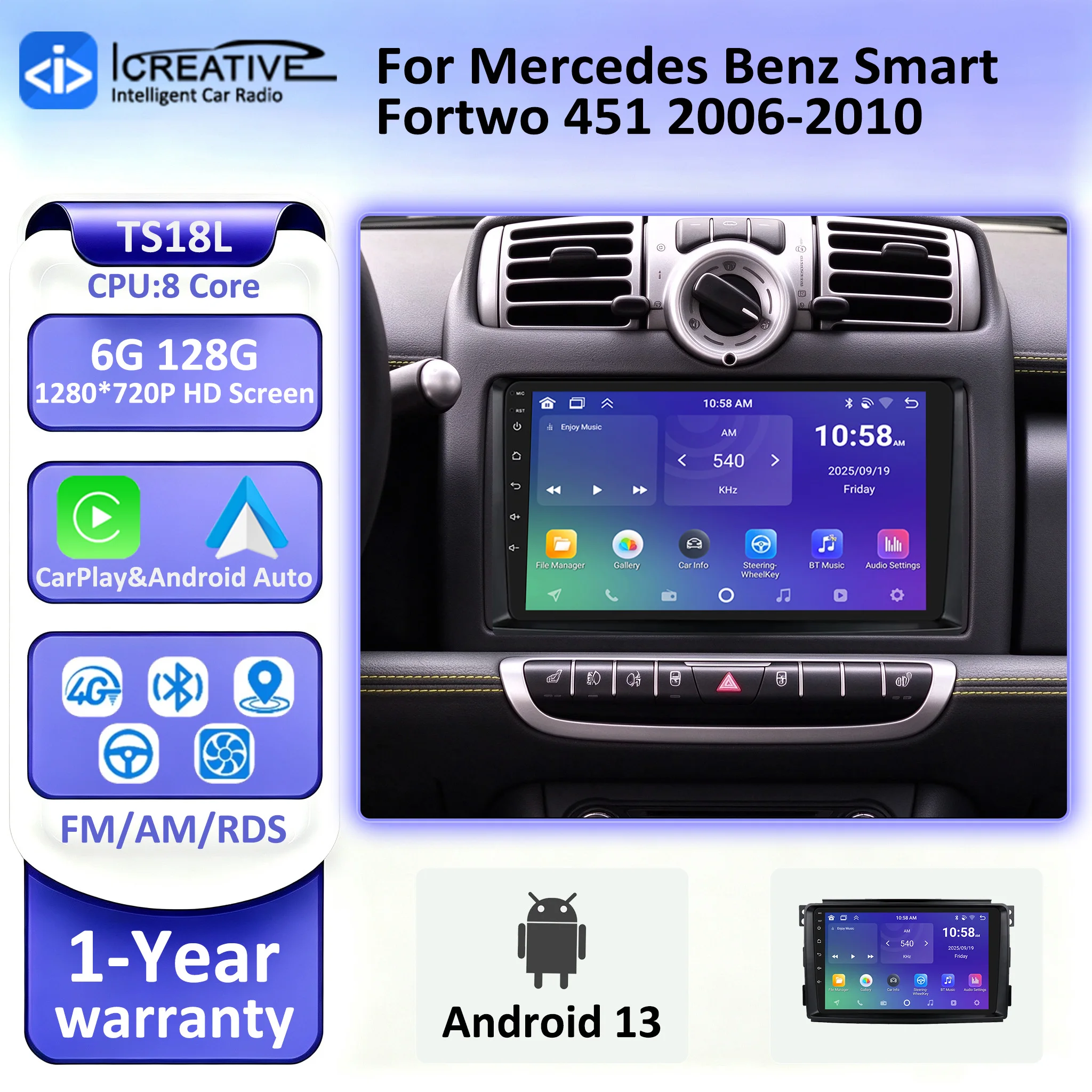 9 Inch Car Stereo Radio For Mercedes Benz Smart Fortwo 451 2006-2010 Android 13 Carplay Multimidia Video Player 2 Din Head Unit