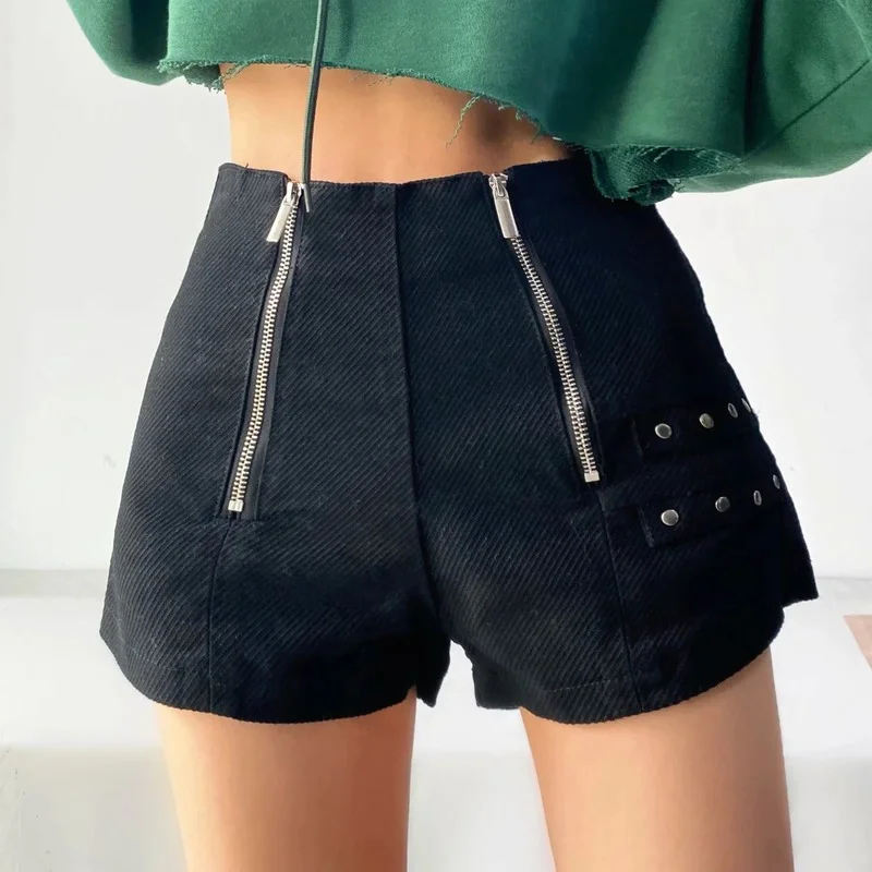 2023 Spring Double Zipper Midi Low Waist Denim Shorts Sexy Skinny Plus Size Daily Aesthetic Casual Women\'s Clothes Streetwear