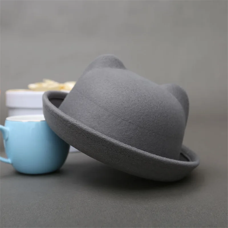 2019 Cute Parent-child bowler hat wool Fedora hats for Women Girls Children Cat Ear formal cap