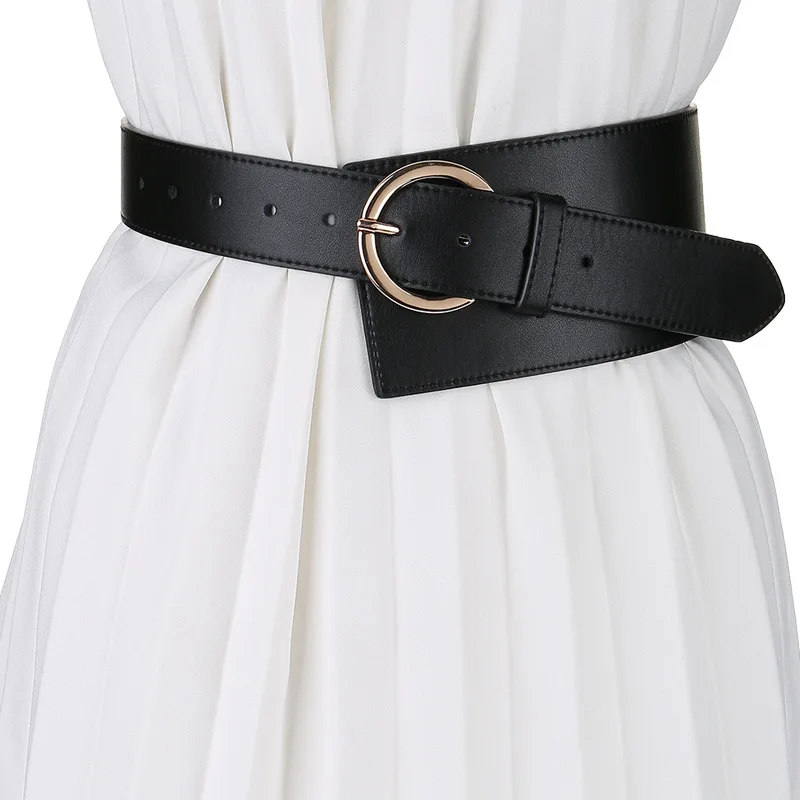 

Women Black Genuine Leather Wide Waist Belt Fashion Versatile Decor Waist Cincher For Dress