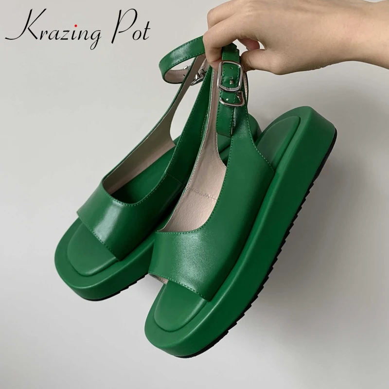 Krazing Pot New Cow Leather Peep Toe Thick Bottom Solid Summer Shoes Leisure Fashion Comfortable Buckle Strap Women Sandals L53