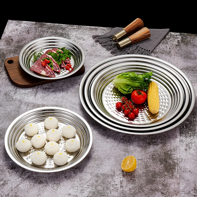 Stainless Steel Diamond Pattern Disc Deepened Dish Non-slip Food Storage Tray Large-capacity Dinner Plate Home Storage Tools