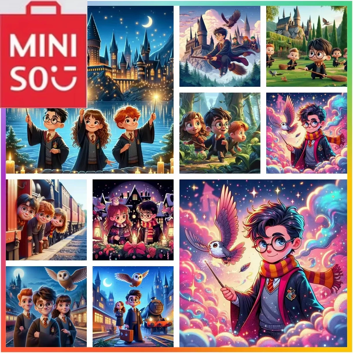 MINISO Harry Potter escuela de magia Hogwarts pintura de diamante punto de cruz arte mosaico bordado decoración del hogar artesanía sin marco