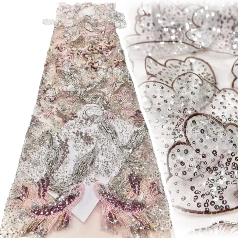 Nuovo tessuto africano di pizzo con perline pesanti 2025 tessuto di tulle francese di pizzo con paillettes nigeriane di alta qualità per abito da cerimonia nuziale SZ1419