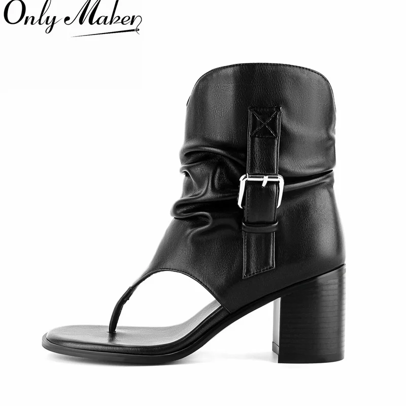 

Onlymaker Women Open Thong Toe Slouchy Ankle Boot Sandals Flip Flop Block Heel Boots with BuckleMid Calf Western Summer Boots