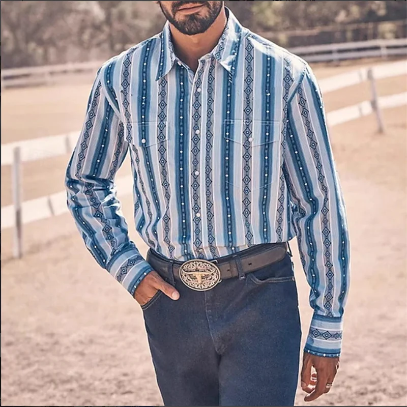 

Men's Long Sleeve Shirt Vintage Deep Chain 3D Flower Print Striped Flaps Regular Fit Four Seasons Clothing