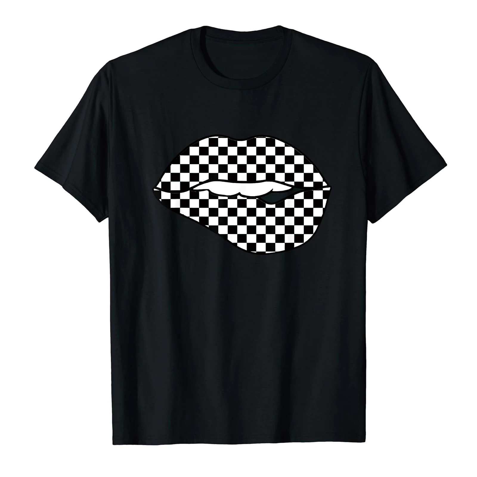 Funny Checkered Black White Lip Print Summer New Short Sleeve Women Clothing T-Shirt Harajuku Women\'s Tee Tops