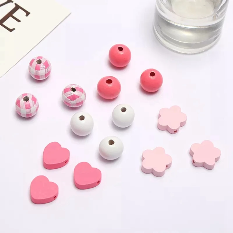 Girls Pink Flowers Round Wooden Beads Suit DIY Valentine's Day Decoration Children's Toys Bracelet Accessories