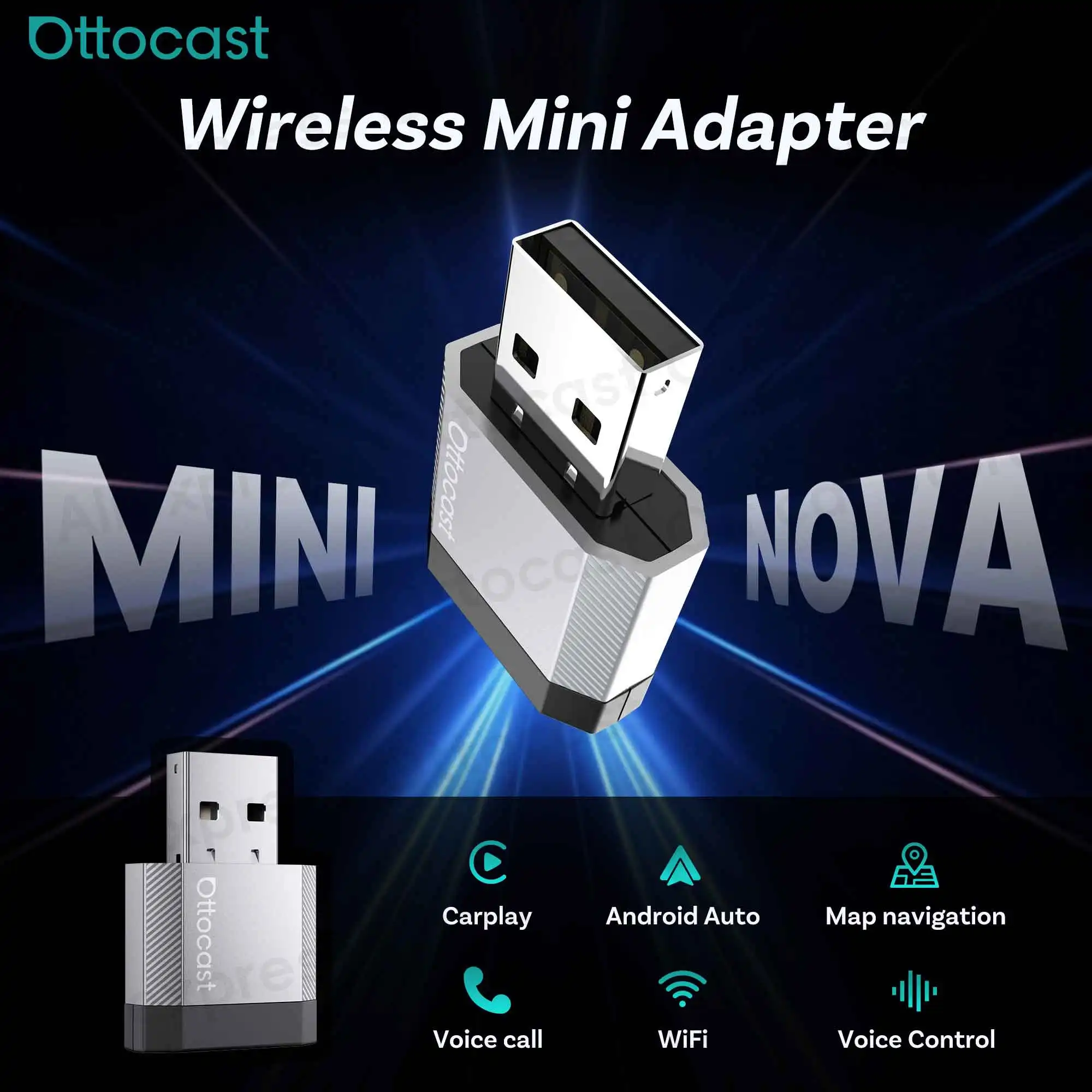 OTTOCAST Mini Nova Kabelgebunden zu Kabellos 2-in-1 CarPlay Android Auto Adapter Dongle Auto-Zubehör für Benz Audi VW Kia Toyota – Detail 1