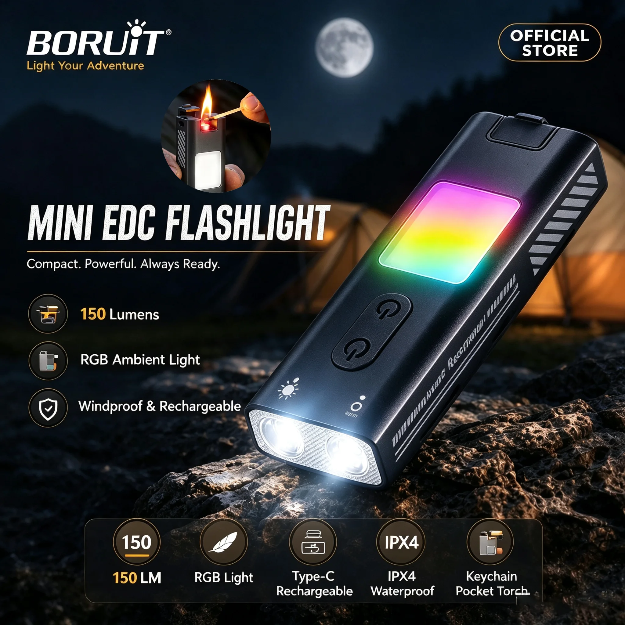 BORUiT 150LM Mini EDC Flashlight With Windproof Electric Lighter RGB Ambient Light Type‑C Rechargeable Keychain Pocket Torch