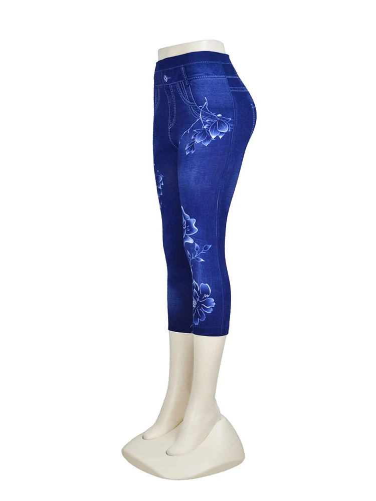 Ljcuiyao verão casual calças de brim do falso feminino usar peônia impresso leggings de fitness imitação denim capris alta estiramento calças esportivas