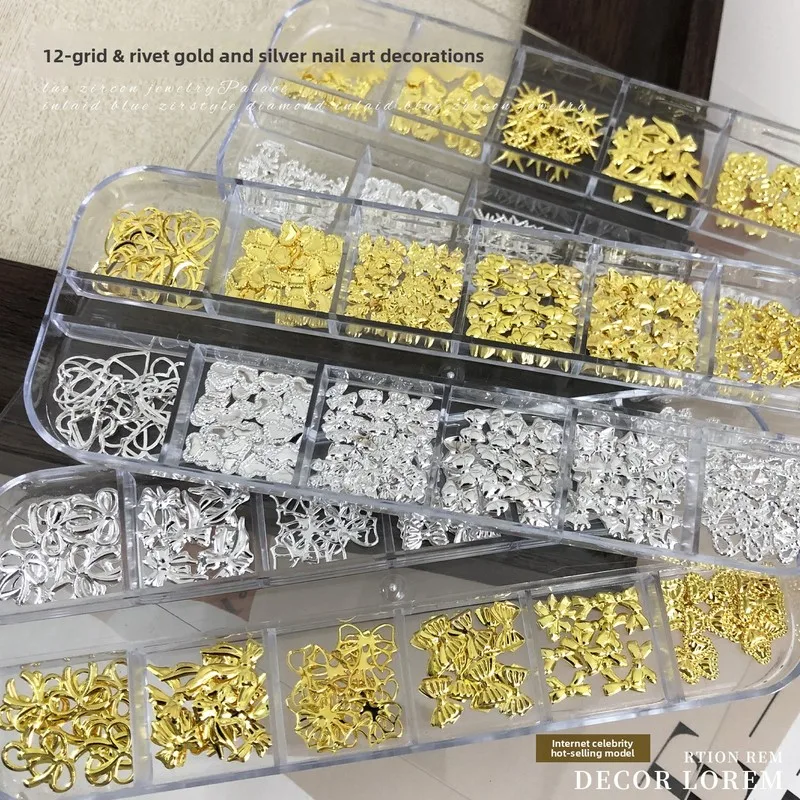 LYLE 12 Grid Box Cross-border Best Selling Alloy Bow Nail Charms Set Heart Flower Starburst Rivet Rhinestones DIY  Accessories