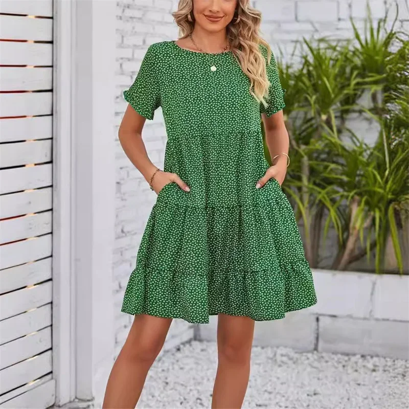 Elegant Small Flower Print Pleated Ruffle Short Sleeve Dresses Women Comfortable Casual Dress Female Multi-layer Splice Hem Gown