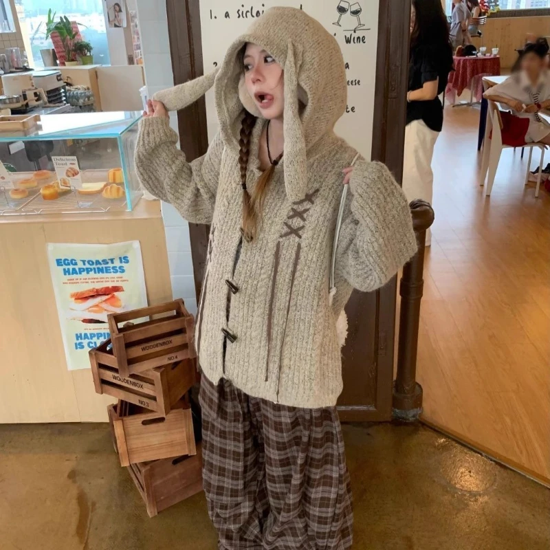 

Deeptown Vintage Kawaii Bunny Sweaters Women Khaki Harajuku Hooded Knitted Cardigan Japanese Autumn Winter Loose Sweater Coat