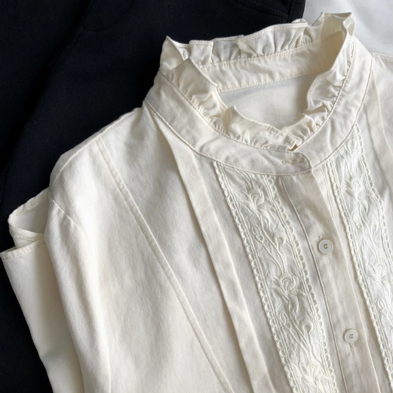 خمر القطن الأزهار التطريز تكدرت طوق فضفاضة تناسب طويلة نفخة الأكمام قميص ريترو شيك الربيع بلوزة أنيقة أعلى N628