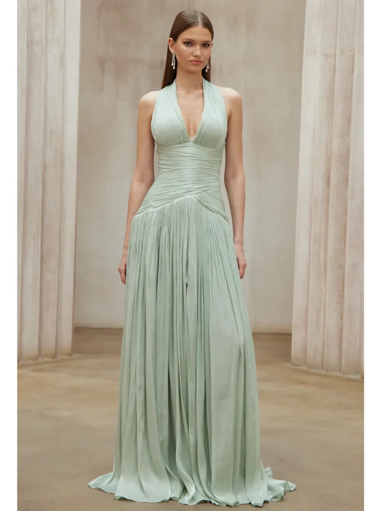 DFDG Damesjurk voor lente/zomer, halter, diepe V-hals, gerimpeld, met sleep, maxi, elegant, formeel, avondkleding, 2026, trendy, vrouwelijke modejurk - afbeelding 2