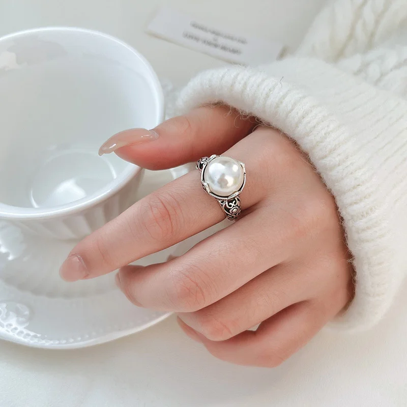 Fashion Vintage Geometic Big Pearl Ring For Women Girls Engagement Wedding Party Jewelry Gift jz874