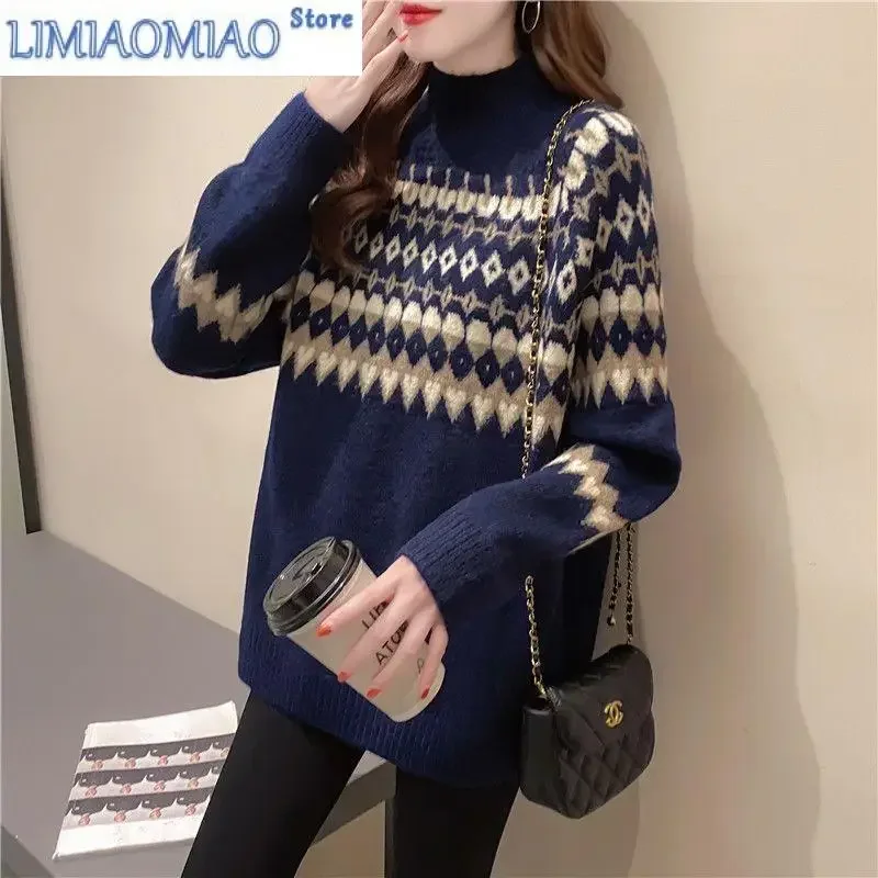 

Autumn Fashion Korean Half High Neck Printed Small Loose Versatile Western Style Casual Women's Knitted Long Sleeve Sweater