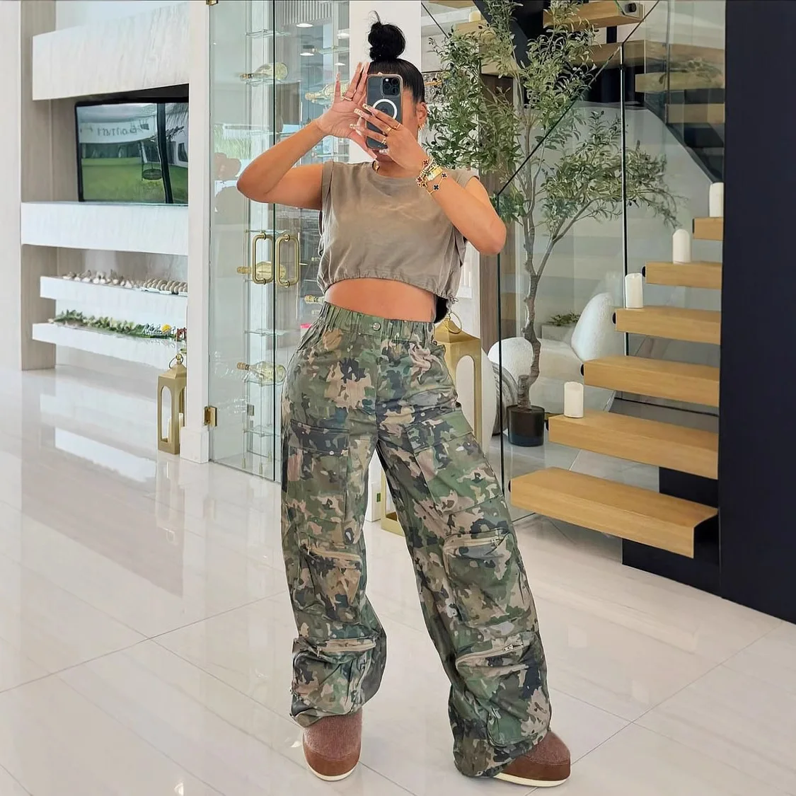 Women Camouflage Cargo Pants High Waist Trousers Straight Pant Casual Pockets Loose Long 2025 Summer Capris Y2k Streetwear