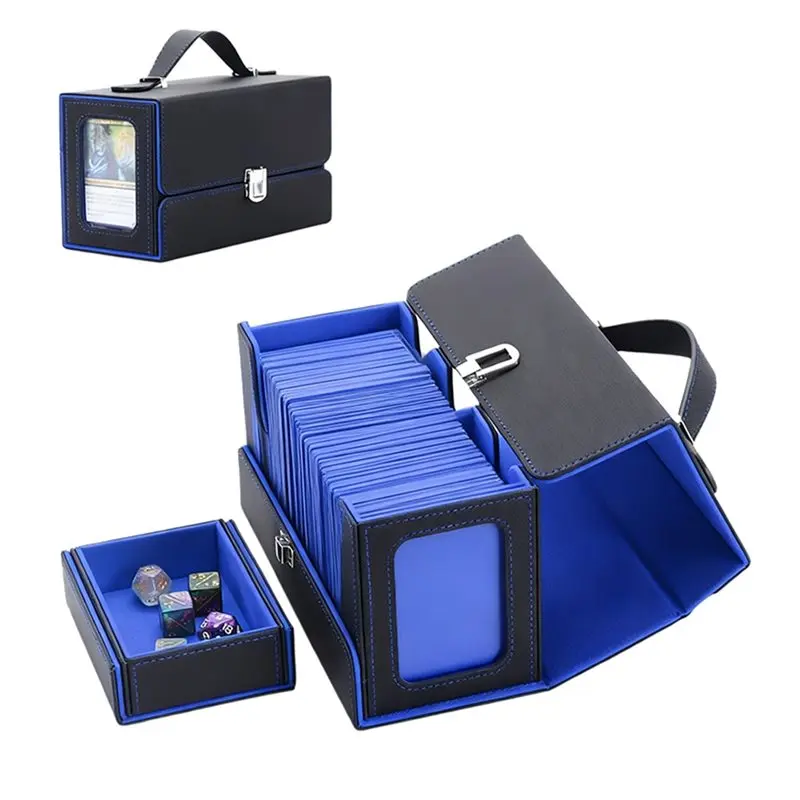FBIL-Card Deck Box Magnetic Storage Case With Handle Top Side-Loading Design Game Cards Box Black+Blue