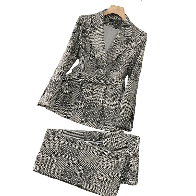 Women Elegant Button Long Sleeve Blazer Coat + High Waist Pant Two Piece Set Autumn Winter Vintage Gray Patchwork 2024 New Trend